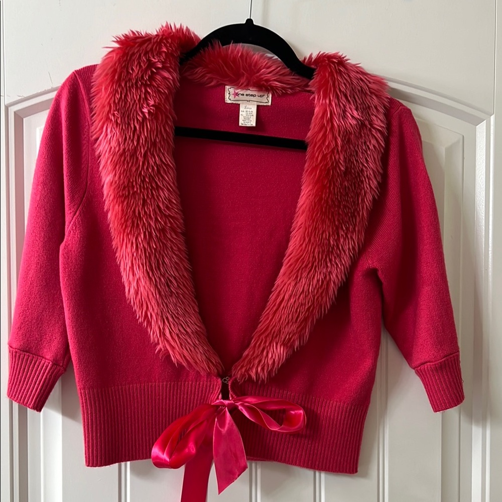 One Step Ahead Pink Cardigan with Faux Fur Collar